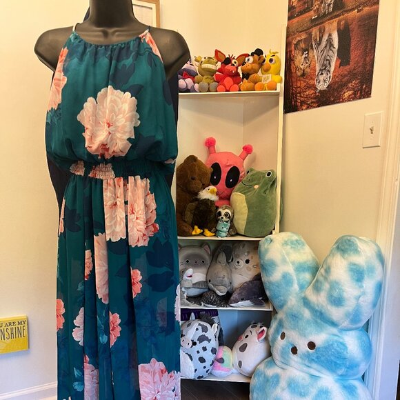Sweet Storm Green Floral Halter Maxi Dress Large Sleeveless Flowy Summer - Picture 1 of 4